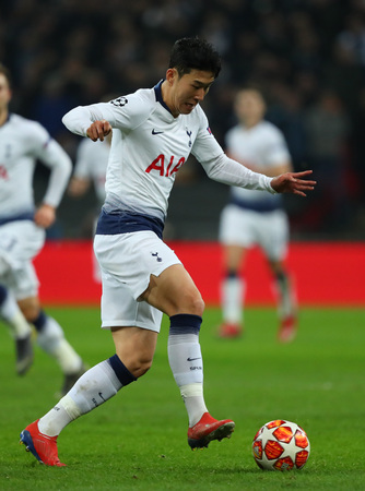 LONDON, ENGLAND - FEBRUARY 13 2019: Son Heung-Min of Tottenham during the Champions League match between Tottenham Hotspur and Borussia Dortmund at Wembley Stadium, London.のeditorial素材
