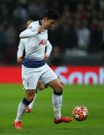 LONDON, ENGLAND - FEBRUARY 13 2019: Son Heung-Min of Tottenham during the Champions League match between Tottenham Hotspur and Borussia Dortmund at Wembley Stadium, London.のeditorial素材