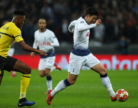 LONDON, ENGLAND - FEBRUARY 13 2019: Son Heung-Min of Tottenham during the Champions League match between Tottenham Hotspur and Borussia Dortmund at Wembley Stadium, London.のeditorial素材