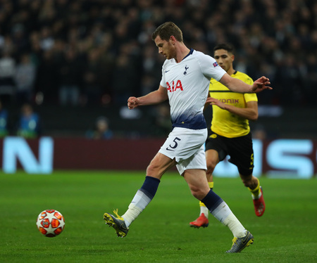 LONDON, ENGLAND - FEBRUARY 13 2019: Jan Vertonghen of Tottenham during the Champions League match between Tottenham Hotspur and Borussia Dortmund at Wembley Stadium, London.のeditorial素材