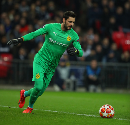 LONDON, ENGLAND - FEBRUARY 13 2019: Roman Burki of Dortmund during the Champions League match between Tottenham Hotspur and Borussia Dortmund at Wembley Stadium, London.のeditorial素材
