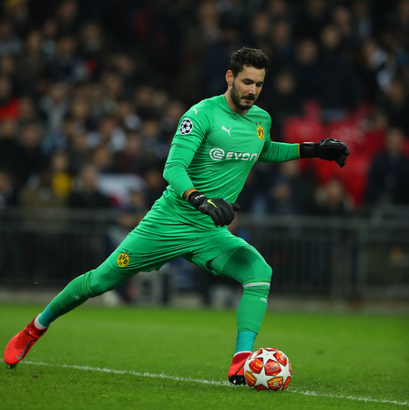 LONDON, ENGLAND - FEBRUARY 13 2019: Roman Burki of Dortmund during the Champions League match between Tottenham Hotspur and Borussia Dortmund at Wembley Stadium, London.のeditorial素材