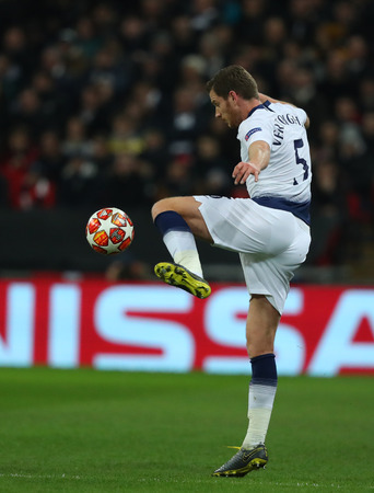 LONDON, ENGLAND - FEBRUARY 13 2019: Jan Vertonghen of Tottenham during the Champions League match between Tottenham Hotspur and Borussia Dortmund at Wembley Stadium, London.のeditorial素材
