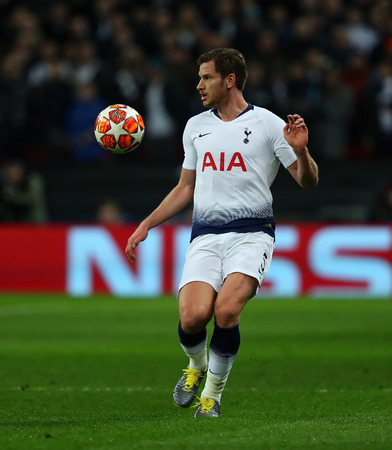 LONDON, ENGLAND - FEBRUARY 13 2019: Jan Vertonghen of Tottenham during the Champions League match between Tottenham Hotspur and Borussia Dortmund at Wembley Stadium, London.のeditorial素材
