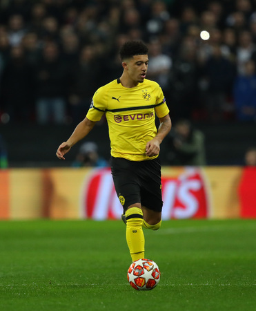 LONDON, ENGLAND - FEBRUARY 13 2019: Jadon Sancho of Dortmund during the Champions League match between Tottenham Hotspur and Borussia Dortmund at Wembley Stadium, London.のeditorial素材