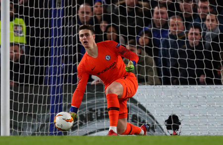 LONDON, ENGLAND - MARCH 7 2019: Kepa Arrizabalaga of Chelsea  during the Europa League match between Chelsea and Dynamo Kyiv at Stamford Bridge.のeditorial素材