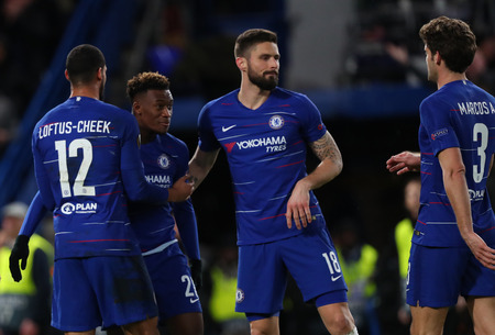 LONDON, ENGLAND - MARCH 7 2019: Callum Hudson-Odoi of Chelsea celebrates scoring a goal during the Europa League match between Chelsea and Dynamo Kyiv at Stamford Bridge.のeditorial素材