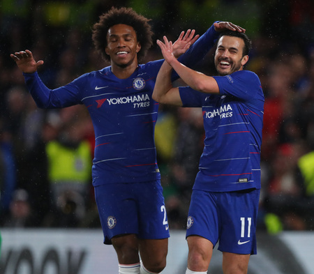 LONDON, ENGLAND - MARCH 7 2019: Pedro of Chelsea celebrates scoring a goal during the Europa League match between Chelsea and Dynamo Kyiv at Stamford Bridge.のeditorial素材