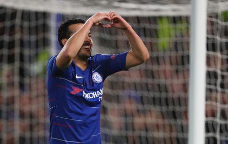 LONDON, ENGLAND - MARCH 7 2019: Pedro of Chelsea celebrates scoring a goal during the Europa League match between Chelsea and Dynamo Kyiv at Stamford Bridge.のeditorial素材