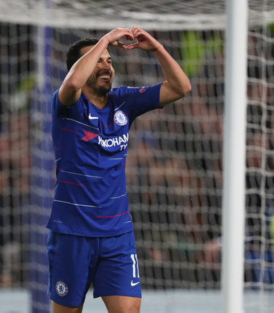 LONDON, ENGLAND - MARCH 7 2019: Pedro of Chelsea celebrates scoring a goal during the Europa League match between Chelsea and Dynamo Kyiv at Stamford Bridge.のeditorial素材