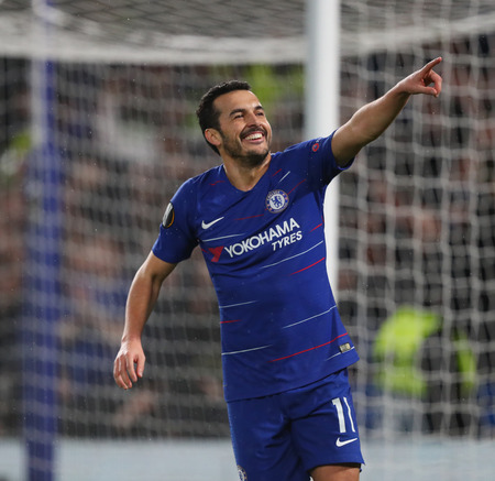 LONDON, ENGLAND - MARCH 7 2019: Pedro of Chelsea celebrates scoring a goal during the Europa League match between Chelsea and Dynamo Kyiv at Stamford Bridge.のeditorial素材