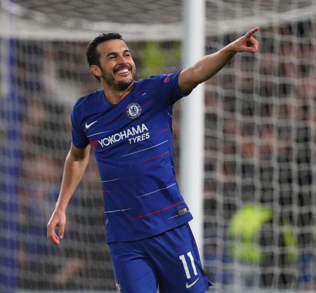 LONDON, ENGLAND - MARCH 7 2019: Pedro of Chelsea celebrates scoring a goal during the Europa League match between Chelsea and Dynamo Kyiv at Stamford Bridge.のeditorial素材