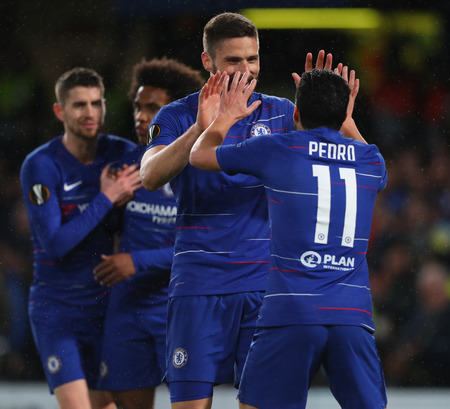 LONDON, ENGLAND - MARCH 7 2019: Pedro of Chelsea celebrates scoring a goal during the Europa League match between Chelsea and Dynamo Kyiv at Stamford Bridge.のeditorial素材