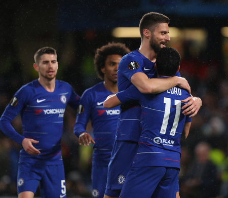 LONDON, ENGLAND - MARCH 7 2019: Pedro of Chelsea celebrates scoring a goal during the Europa League match between Chelsea and Dynamo Kyiv at Stamford Bridge.のeditorial素材