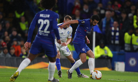 LONDON, ENGLAND - MARCH 7 2019: Willian and Pedro of Chelsea during the Europa League match between Chelsea and Dynamo Kyiv at Stamford Bridge.のeditorial素材