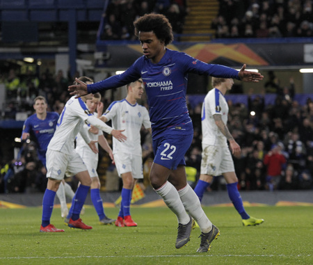 LONDON, ENGLAND - MARCH 7 2019: Willian of Chelsea celebrates scoring a goal during the Europa League match between Chelsea and Dynamo Kyiv at Stamford Bridge.のeditorial素材