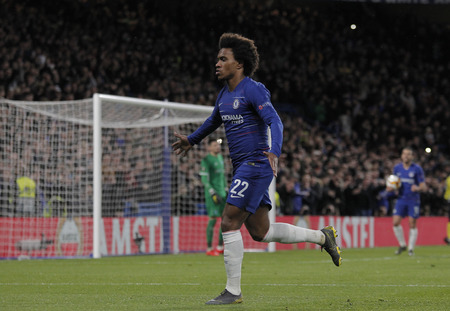 LONDON, ENGLAND - MARCH 7 2019: Willian of Chelsea celebrates scoring a goal during the Europa League match between Chelsea and Dynamo Kyiv at Stamford Bridge.のeditorial素材
