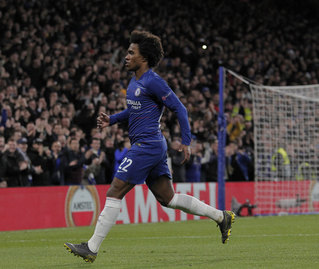 LONDON, ENGLAND - MARCH 7 2019: Willian of Chelsea celebrates scoring a goal during the Europa League match between Chelsea and Dynamo Kyiv at Stamford Bridge.のeditorial素材