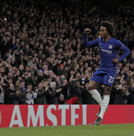 LONDON, ENGLAND - MARCH 7 2019: Willian of Chelsea celebrates scoring a goal during the Europa League match between Chelsea and Dynamo Kyiv at Stamford Bridge.のeditorial素材