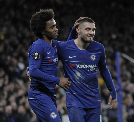 LONDON, ENGLAND - MARCH 7 2019: Willian of Chelsea celebrates scoring a goal during the Europa League match between Chelsea and Dynamo Kyiv at Stamford Bridge.のeditorial素材