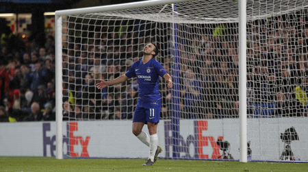LONDON, ENGLAND - MARCH 7 2019: Pedro of Chelsea reacts after his shot is saved during the Europa League match between Chelsea and Dynamo Kyiv at Stamford Bridge.のeditorial素材