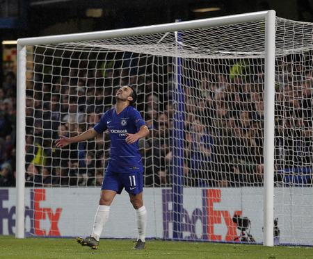 LONDON, ENGLAND - MARCH 7 2019: Pedro of Chelsea reacts after his shot is saved during the Europa League match between Chelsea and Dynamo Kyiv at Stamford Bridge.のeditorial素材