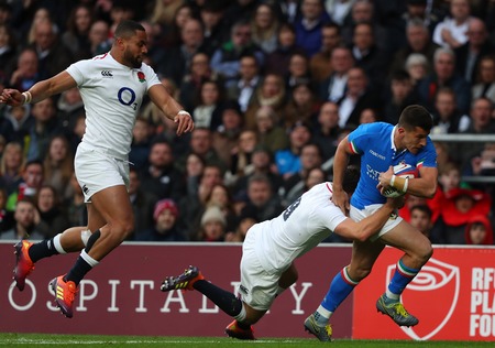 LONDON, ENGLAND - MARCH 09 2019: Tommaso Allan of Italy runs through to score a try during the Guinness Six Nations match between England and Italy at Twickenham Stadiumのeditorial素材