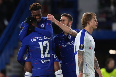 LONDON, ENGLAND - MARCH 7 2019: Callum Hudson-Odoi of Chelsea celebrates scoring a goal during the Europa League Round of 16, first leg match between Chelsea and Dynamo Kyiv at Stamford Bridge on March 7 2019 in London, United Kingdom.のeditorial素材