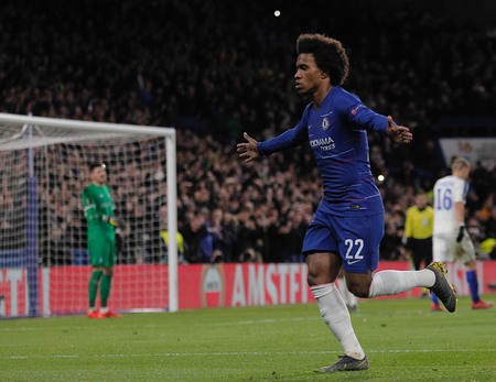 LONDON, ENGLAND - MARCH 7 2019: Willian of Chelsea celebrates scoring a goal during the Europa League Round of 16, first leg match between Chelsea and Dynamo Kyiv at Stamford Bridge on March 7 2019 in London, United Kingdom.のeditorial素材