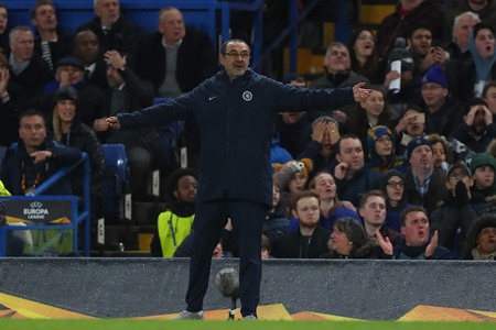 LONDON, ENGLAND - MARCH 7 2019: Maurizio Sarri manager of Chelsea during the Europa League Round of 16, first leg match between Chelsea and Dynamo Kyiv at Stamford Bridge on March 7 2019 in London, United Kingdom.のeditorial素材
