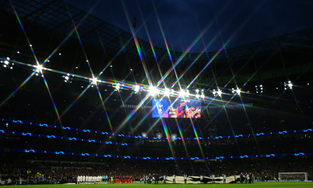 LONDON, ENGLAND: 09 MAR 2019. (Editors note, a star filter was placed on the lens to create this effect) a general view as the teams line up for the UEFA Champions League Quarter Final, First Leg matchのeditorial素材