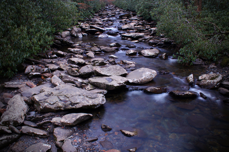Perspective Riverscape Photography in the Great Smoky Mountain Woods of Tennessee, USA.の写真素材
