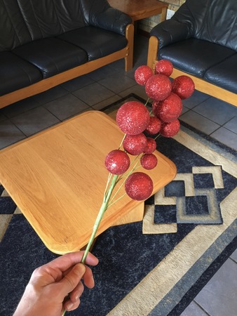 Human holding a branch of red christmas balls.の写真素材