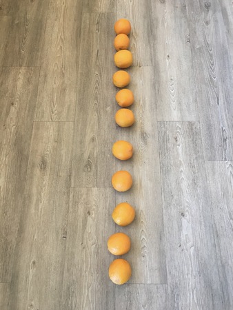 Oranges lined up on a wooden looking floor.の写真素材