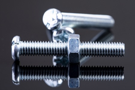 Screw with one nut and two screws in the backgroundの写真素材