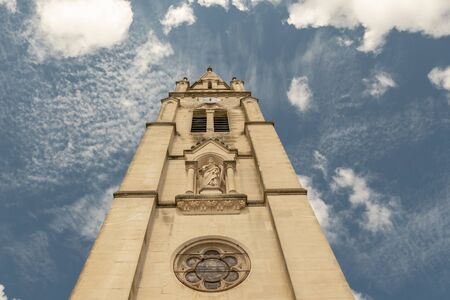 Church of Tremblade in France from below with blue skyの写真素材