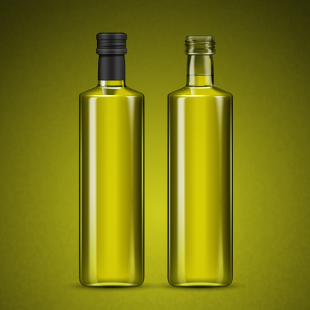 blank glass bottles with fluid inside, isolated olive green background 3d illustrationのイラスト素材
