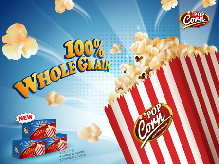 Classic popcorn ads, delicious popcorn flying out of cardboard box isolated on blue striped background in 3d illustrationのイラスト素材