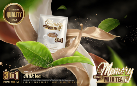 Milk tea instant drink ad, smoke with mixed beverage flow effects and cup, with flying tea leaf elements, 3d illustrationのイラスト素材