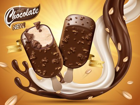 Chocolate milk ice bar ad, with chocolate and milk and peanut elements, orange background, 3d illustrationのイラスト素材