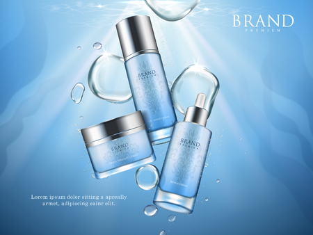 Blue repair serum with water elements, 3d illustrationのイラスト素材