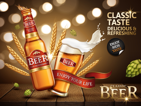 Classic beer ad contained in bottle and in a glass, with bright red labels stuck on, 3d illustrationのイラスト素材