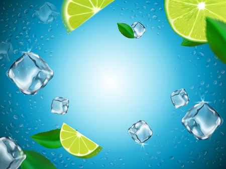 Flying lemons, ice cubes and water drop elements, light blue glass background, 3d illustrationのイラスト素材