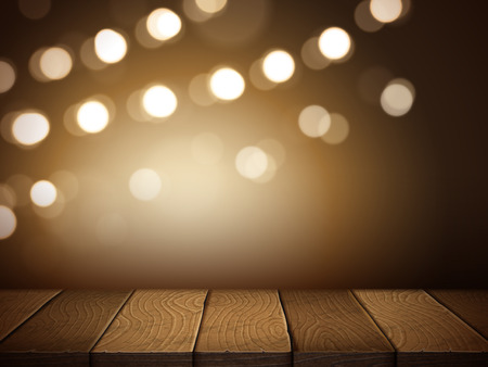 Blank lighted  wooden table with blur lights, for design element uses in 3d illustrationのイラスト素材
