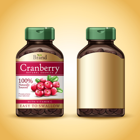 Cranberry dietary supplement package design, isolated golden background in 3d illustrationのイラスト素材