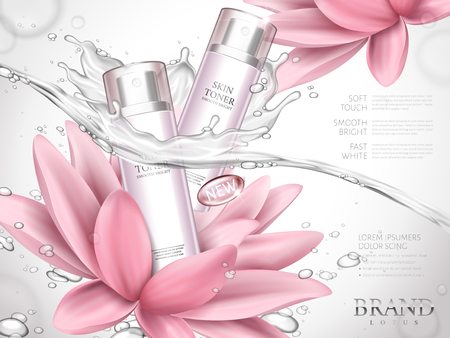 A lotus skin toner ad contained in bottles, with extremely clean water and lotus flower elements, white background 3d illustrationのイラスト素材