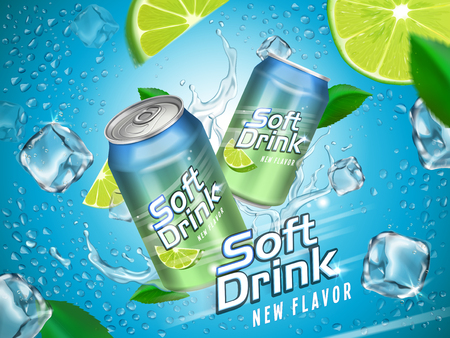 Soft drink contained in metallic cans with lemon and ice cube elements, light blue backgroundのイラスト素材