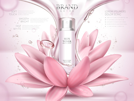 A lotus skin toner ad contained in bottle, with glossy fluid and lotus flower elements, pink background 3d illustration.のイラスト素材