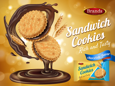 chocolate flavor sandwich cookie ad with packaging and wheat elements, 3d illustrationのイラスト素材