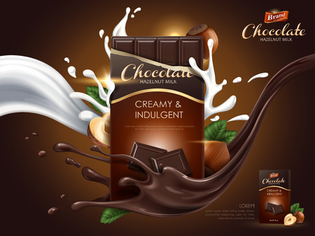 Hazelnut chocolate ad with milk and cocoa flow elements, brown background, 3d illustrationのイラスト素材